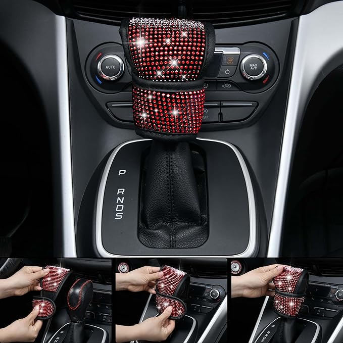 CAR PASS Leather Red Diamond Seat Cover Set, 11pcs Including Steering Wheel & Gear Cover, for Women, Universal Fit