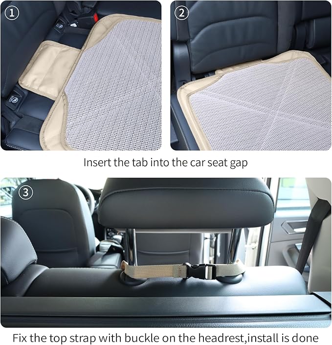 Viaviat Car Seat Protector Leather Waterproof Child Safety Seat Protector Cover with Thick Pad and 2 Large Pockets Durable Kick Mat for All Auto Seat (Beige)