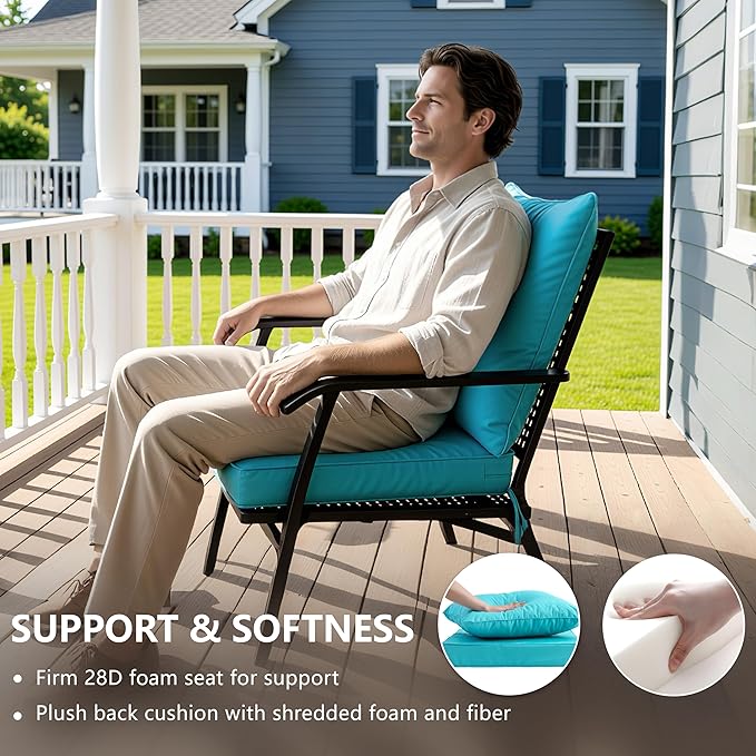 24x24 Inch Outdoor Chair Cushion with Removable Cover, Patio Furniture Cushion - Water-Repellent, Fade-Resistant, Non-Slip Bottom & Straps, Replacement for Deep Seat Sofa & Couch - Teal