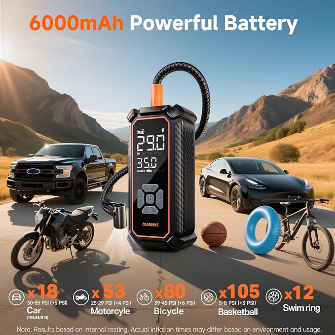 OlarHike Cordless Tire Inflator Portable Air Compressor, 150PSI Dual Power - 6000mAh & 12V DC, Air Pump for Car Tires, Bike, Motorcycle, Balls with LED & Digital Pressure Gauge, Car Gifts