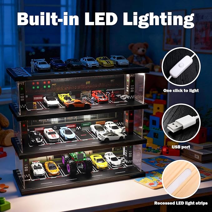 Display Case for Hot Wheels: Toy Car Garage with LED Lights, Freestanding Parking Garage Diorama for 1/64 Diecast Cars, 4-Level Storage Rack with 40 Spots – Cars Not Included
