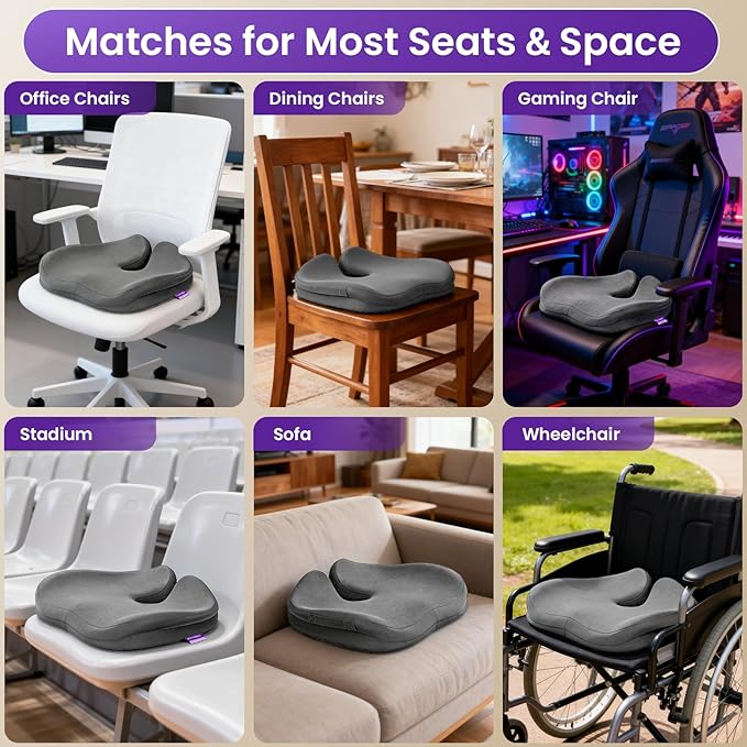 ZZ-WELL Seat Cushions for Office Chairs, Car Seat - Patented Coccyx Cushion for Tailbone Pain - Memory Foam Butt Cushion for Pressure Relief - Carry Handle & Non Slip Bottom (Grey)