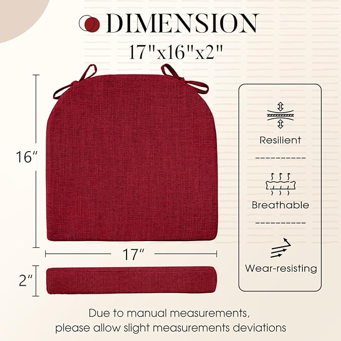 Basic Beyond Chair Cushions for Dining Chairs with Ties and Removable Cover, 2" Thick Seat Cushions for Kitchen Chairs, Set of 6, 17" x 16", Red