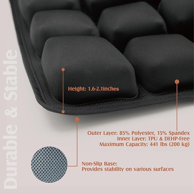 Inflatable Travel Seat Cushion with Built‑in Manual Pump, Adjustable Firmness & Compact Storage –Firm Support for Airplane, Car & Office Chairs, Generous 18x16, Carry Bag Included