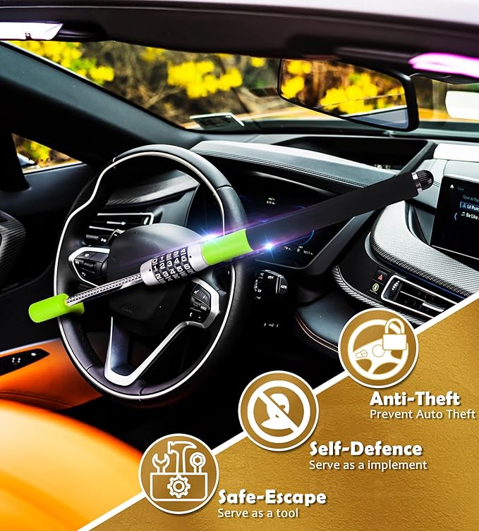 Tevlaphee Steering Wheel Lock, Car Lock Anti Theft Keyless Extendable Retractable Password 5 Coded Combination Lock, Heavy Duty Universal Fit (Green)