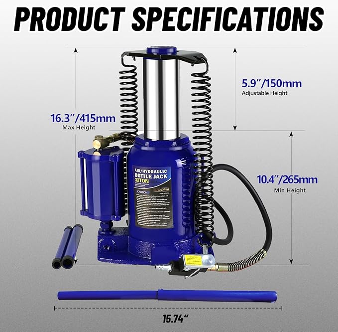 32 Ton Air Hydraulic Bottle Jack with Air-Powered or Manual Operation, One-Piece Hydraulic Cylinder Design, Air Bottle Jack with Independent Air Pump Body and Carry Handle