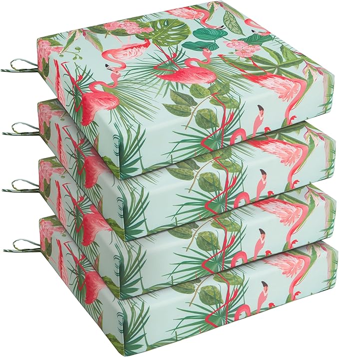 UNIKOME Outdoor Chair Cushions Pack of 4, Water Resistant Patio Cushions with Ties, High Density Sponge Filling Square Corner Seat Cushions for Outdoor Furniture, 19"*19"*3", Flamingos