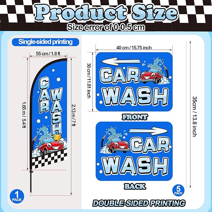 Car Wash Feather Flagpole Kit Include 7 ft Banner Flag with Poles 5 Pcs Car Wash Sign and 10 Pcs Ground Stake for Outside Business Stores Shops Decoration