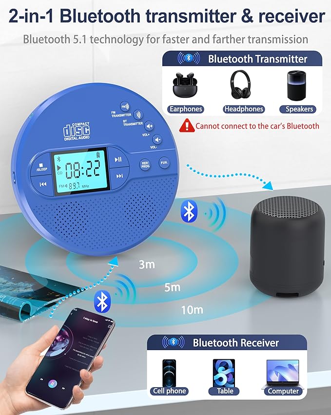 Sunoony Portable CD Player with Bluetooth, Disman CD Player for Car with FM Transmitter, Rechargeable Personal cd Player with Anti-Skip Protection, Headphones, AUX/USB Supported, LCD(Blue)