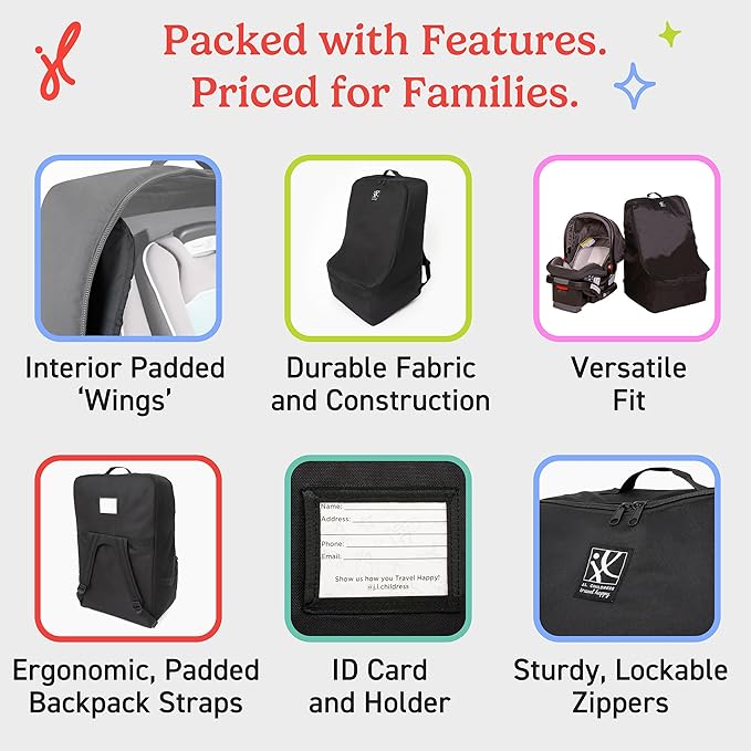 J.L. Childress Padded Backpack Car Seat Bag - Car Seat Travel Bag for Airplane, Cover Fits Most Baby & Infant Carriers & Boosters, Airport Accessories for Gate Check or Baggage Check - Ultimate, Black