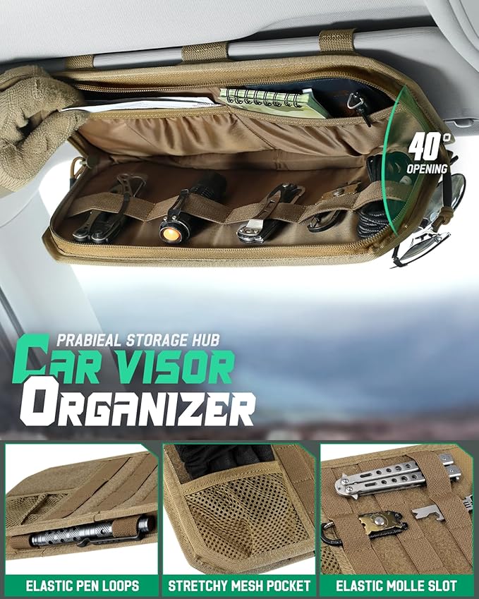 LIVANS Tactical Car Sun Visor Organizer, Auto Accessories Semi-Rigid Molle Panel with Zipper Storage Pouch & Glasses Holder, Gift for Car Gear, Fit Cars, Trucks, Suvs, Jeeps & Patrols (Khaki)