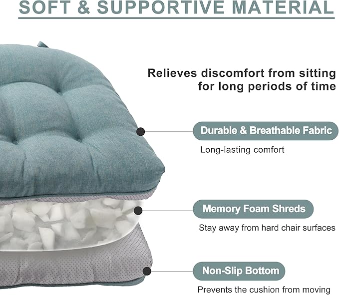 Battilo Chair Cushions Set of 2 for Dining Chairs, Seat Cushions for Kitchen Chairs with Non-Slip Backing, Indoor/Outdoor Waterproof Chair Seat Pads with Ties, 15.5"x15.5"x4", Grayish Blue