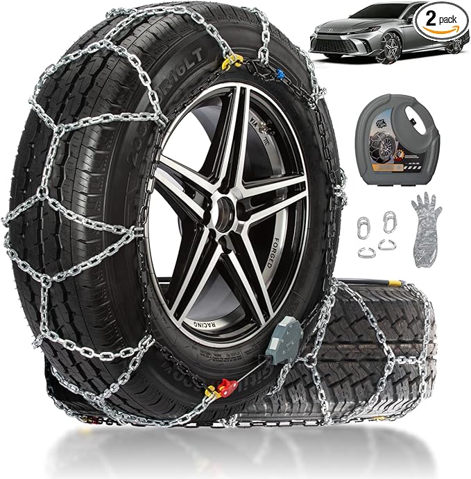 Auto Fixing Snow Chains for Car Tires, Tire Chains for Passenger Cars, Sedan, SUVs, Quick Fit & Easy Installation Snow Tire Chains, Portable Reusable Emergency Tire Traction Chain, Set of 2 (HPK-1540)