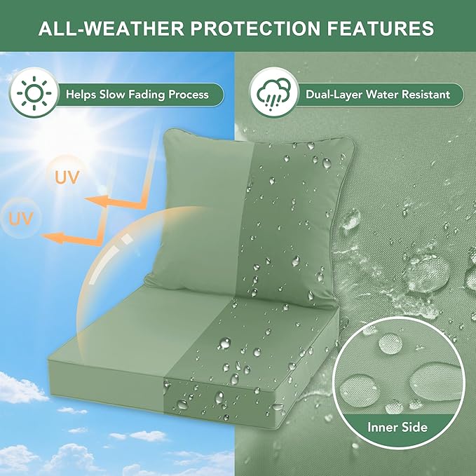 Summsun Outdoor Cushions for Patio Furniture, Double-Sided Waterproof Backrest and Deep Seat Cushion Set with Removable Cover, 22 x 22 Inch, Sage Green, Set of 4