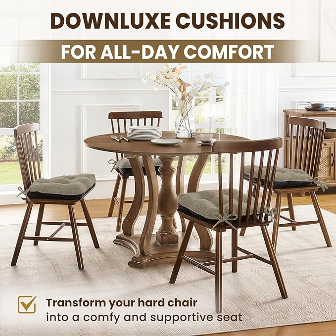 downluxe Indoor Chair Cushions for Dining Chairs, Tufted Overstuffed Textured Kitchen Chair Pads with Ties and Non-Slip Backing, 15.5" x 15.5" x 4", Khaki, 6 Pack