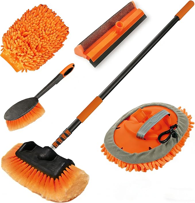 12FT Car Wash Brush with Long Handle, Car Cleaning Kit with Soft Bristle Wash Brush, Microfiber Cleaning Mop, Window Squeegee, Mitt, Wheel Brush for RV, Truck, Boat, House Siding