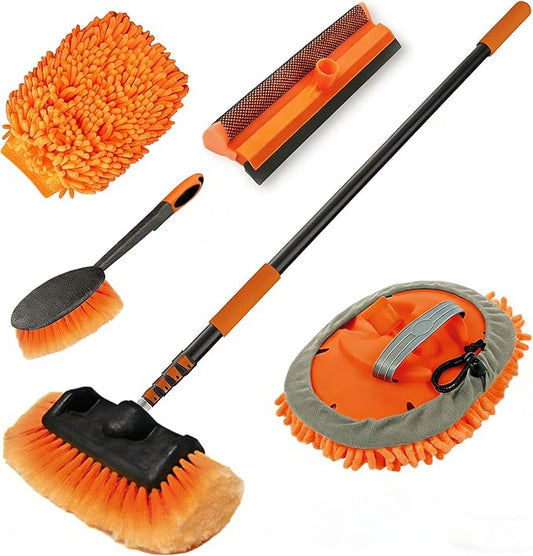 12FT Car Wash Brush with Long Handle, Car Cleaning Kit with Soft Bristle Wash Brush, Microfiber Cleaning Mop, Window Squeegee, Mitt, Wheel Brush for RV, Truck, Boat, House Siding