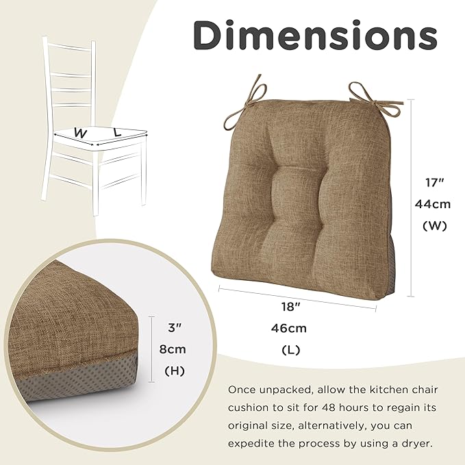 AddGrace Chair Cushions for Dining Chairs Set of 1 Kitchen Seat Cushions with Ties and Non Slip Backing Tufted Indoor Seat Pad for Kitchen Dining Room 18" x 17" x 3" Light Brown