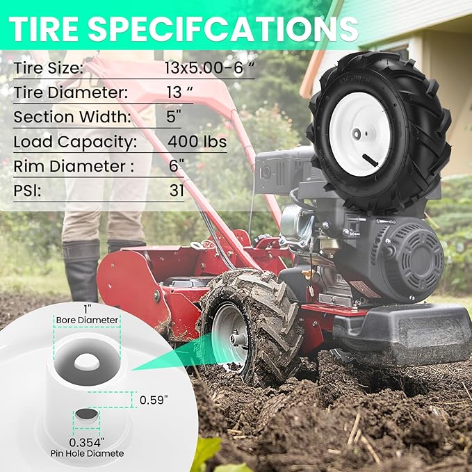 13x5.00-6" Tiller Tires and Wheels, (2-Pack 1" Axle Bore, 3-1/8" Centered Hub) 13x5.00-6" Tiller Tires Replacement for Craftsman & Troy-Bilt Garden Tractors, Tillers & Trenchers