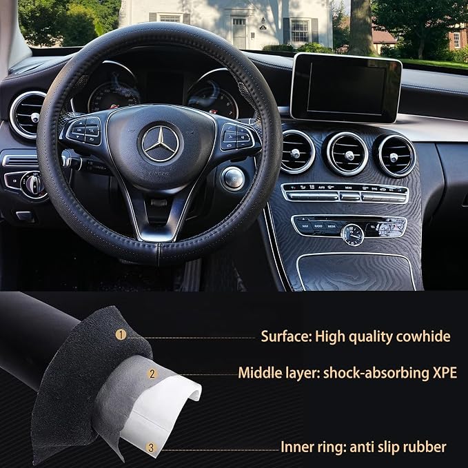 Black Genuine Leather Car Steering Wheel Cover Men Women,Cowhide Wheel Cover,Soft,Breathable,Anti-Slip,Luxury Steering Wheel Cover,Large Size 15.5-16 inch(L)