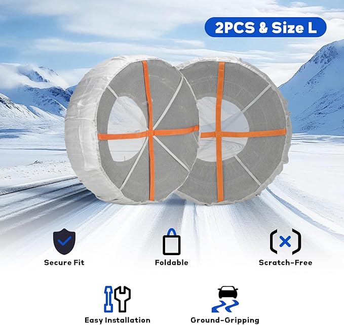 MEASUREMAN Size L Automotive Tire Snow Socks White Durable Textile Socks Winter Driving Protection for Auto, SUV, Commercial Vehicle (2 Pack)