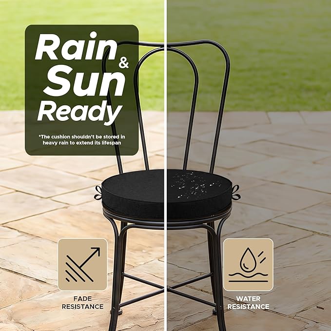 Outdoor Round Chair Cushions 15 Inch, Fade-Resistant & Water-Resistant, Bistro Chair Seat Pads for Porch Garden Balcony Patio Furniture Stools, Non-Slip Bottom, Set of 2, Black