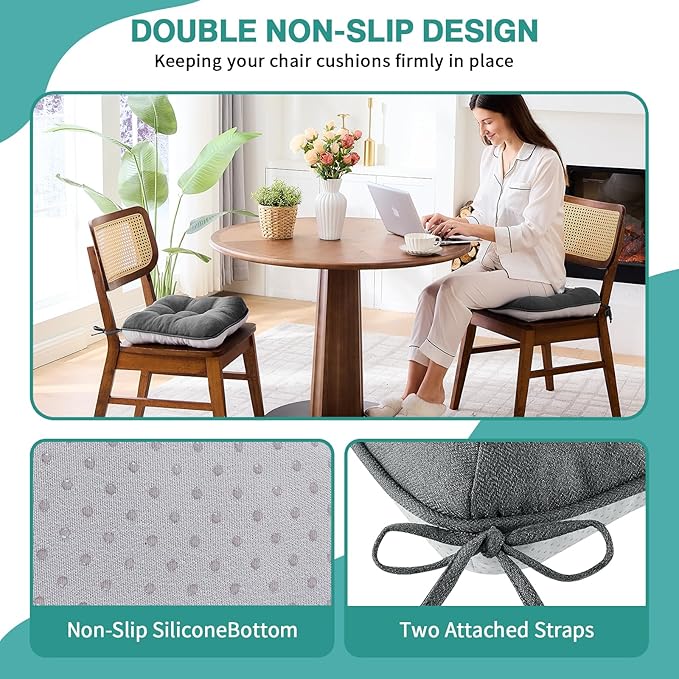 BETU Chair Cushions for Dining Chairs Set of 2,3.5" Thick Kitchen Table Chair Pads with Ties,Non Slip Backing and Covers, Seat Cushion for Dining Room,Bar,Patio Chairs,15.5"X15.5"X3.5",Dark Grey
