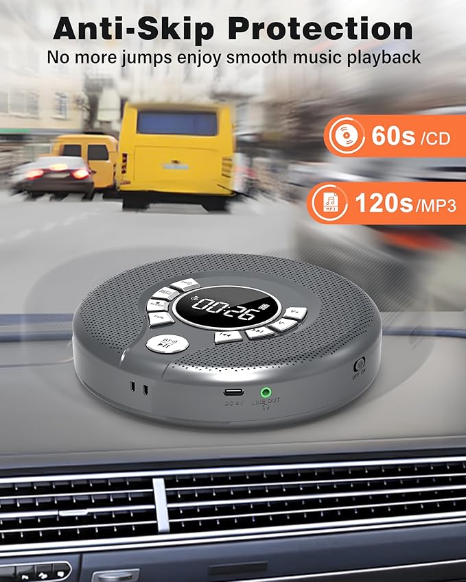 Greadio Portable CD Player with Bluetooth, FM Transmitter for Car Home Use, Rechargeable Discman CD Player with Headphones & Speakers, Anti-Skip, Personal Small Music Player, USB/AUX/LCD (Grey)