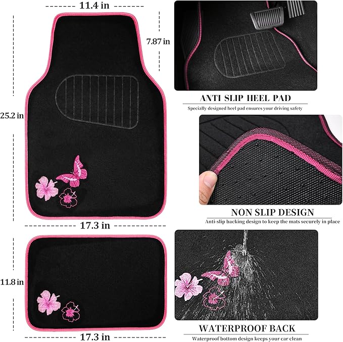 CAR PASS Embroidery Butterfly and Flower Car Floor Mats, Pink Car Floor Mats Universal Fit 95% Automotive,SUVS,Sedan,Vans,for Cute Women,Girly,Set of 4 (Black with Pink)