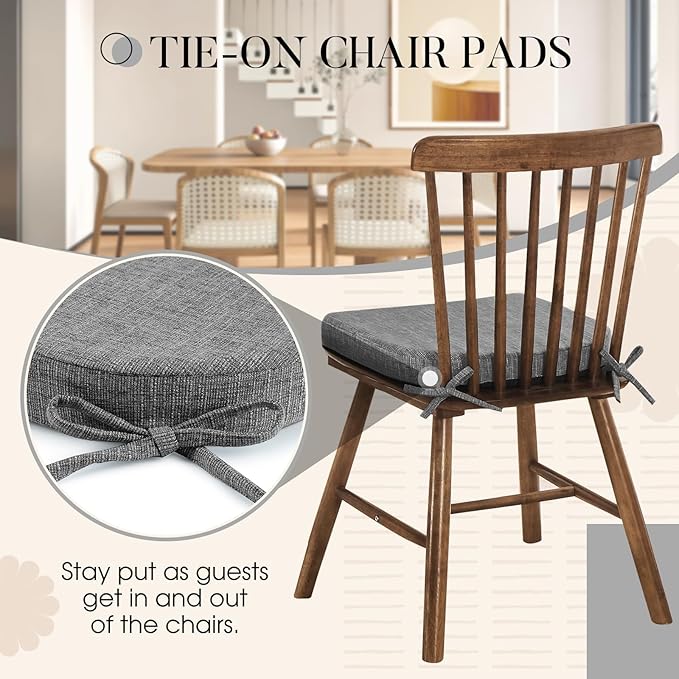 Basic Beyond Chair Cushions for Dining Chairs 6 Pack, Kitchen Chair Cushions with Ties and Non Slip Backing, 16 x 16 inches Chair Pads for Dining Chairs (Dark Grey)