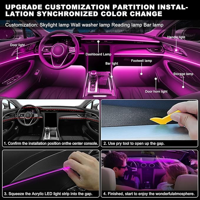 Acrylic Interior LED Strip Light With Wireless APP, RGB 18 in 1 With 175 Inches 600 LEDs Fiber Optic Ambient Lighting Kits for Car, 16 Million Colors Sound Active Function