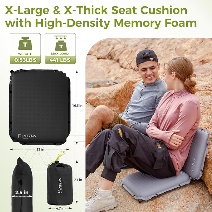 ATEPA Inflatable Seat Cushion, Compact Self-Inflating Seat Cushion for Stadium Airplane Air Travel Bleacher Camping, Blow Up Foam Seat Pad for Outdoor Sports Events Backpacking Hiking Sitting
