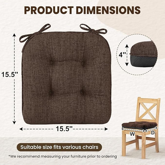 downluxe Indoor Chair Cushions for Dining Chairs, Tufted Overstuffed Textured Foam Kitchen Chair Pads with Ties and Non-Slip Backing, 15.5" x 15.5" x 4", Brown, 6 Pack