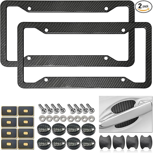 Carbon Fiber License Plate Frames- Black Carbon Pattern Aluminum Front & Rear Car Tag Holder Cover 2 Pack with Mount Hardware, Screws, Caps, Handlebar Stickers