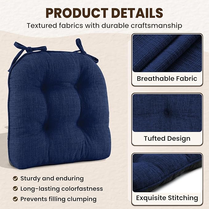 downluxe Indoor Chair Cushions for Dining Chairs, Tufted Overstuffed Textured Kitchen Chair Pads with Ties and Non-Slip Backing, 15.5" x 15.5" x 4", Royal Blue, 4 Pack