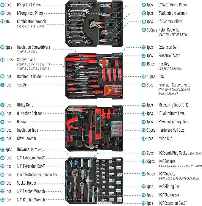Tool Kit, Aluminum Trolley Case Tool Set for Men, 515 PCS General Household Tool Kit with 4-Drawer for Home Repair, Car, Garage, Maintenance, Auto Repair Toolbox with Wheel