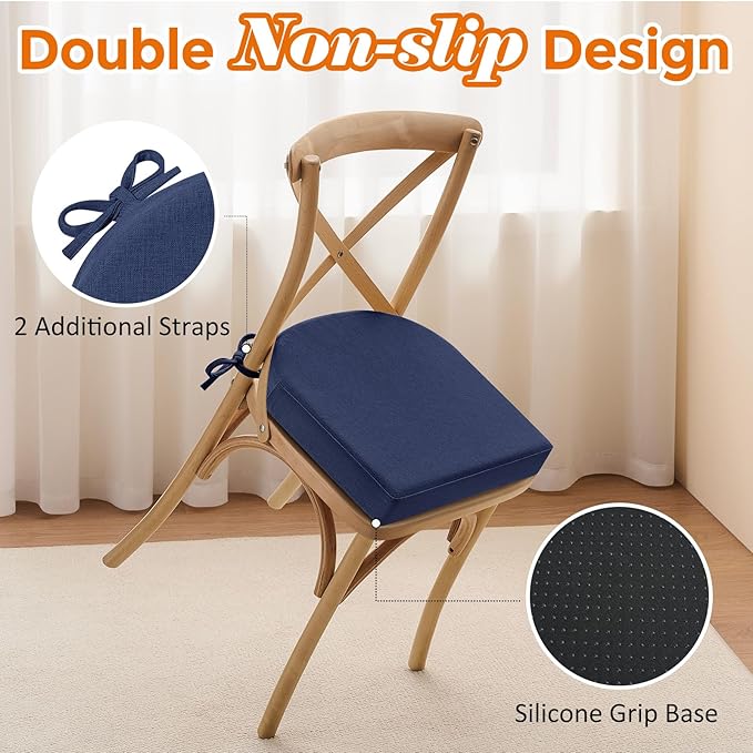 downluxe Chair Cushions for Dining Chairs, Memory Foam Linen Kitchen Chair Pads with Ties, Waterproof, Stain-Resistant and Washable Cover, 17" x 16" x 2.5", Blue, 2 Pack