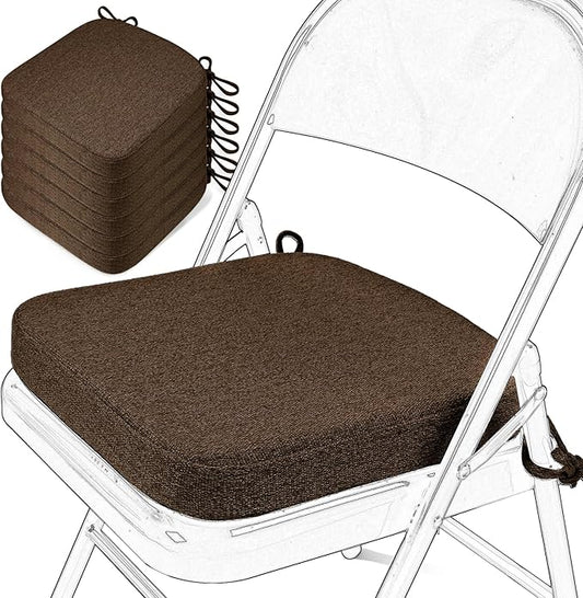 SINOSSO Memory Foam Chair Cushions for Folding Chairs 6 Pack, Thickened 2" Square Pads with Ties for Kitchen Chairs, Indoor Non-Slip Dining Chair Seat Cushions (Set of 6, Dark Brown)