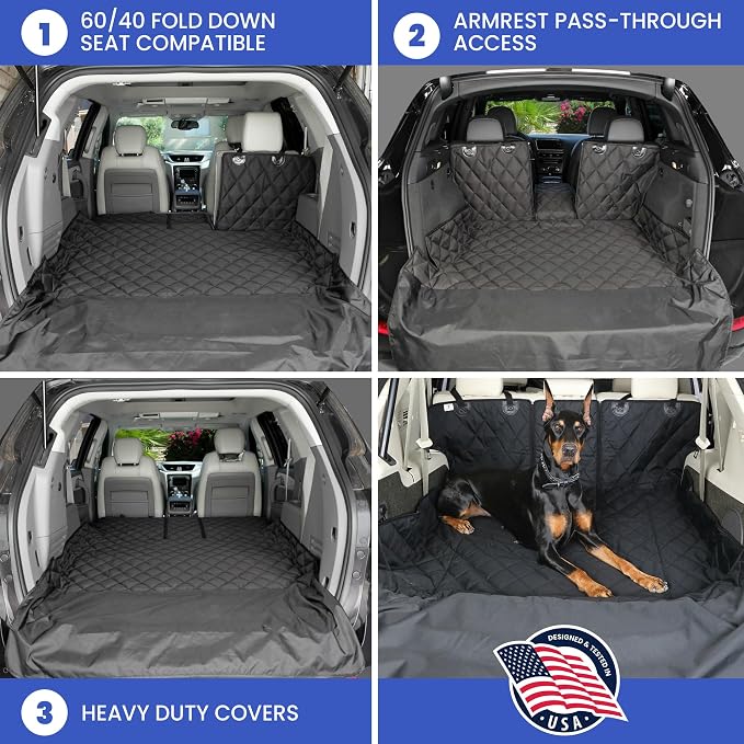 4Knines Split Cargo Liner for SUV – for Dogs & Pets, Heavy-Duty, Waterproof Trunk Mat & Cargo Cover – Fits 60/40 Split Bench & Armrest Pass-Through – Machine Washable, Non-Slip (Extra Large, Black)