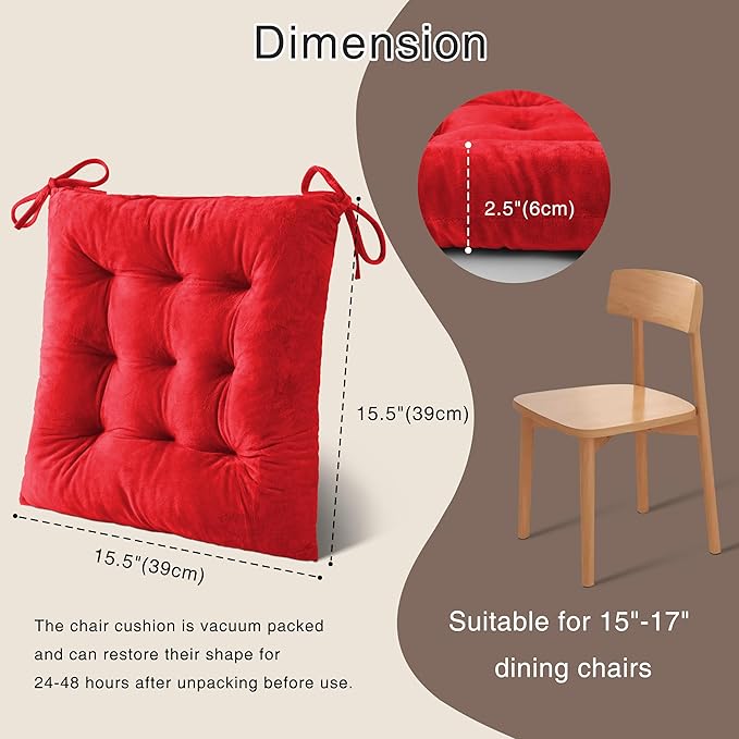 OVOV 6 Pack Chair Cushions for Dining Chairs Soft Seat Cushions for Kitchen Desk Chairs Square Chair Pads with Ties (15.5"x15.5" Red)
