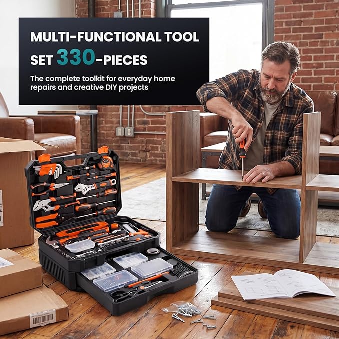 OLIXIS 330-Piece Home Repair Tool Kit with Pull-Out Drawer, Complete Homeowners Tool Kit for DIY & Auto Maintenance for Home, Carbon & Cr-V Steel Tool Box, Black-Red