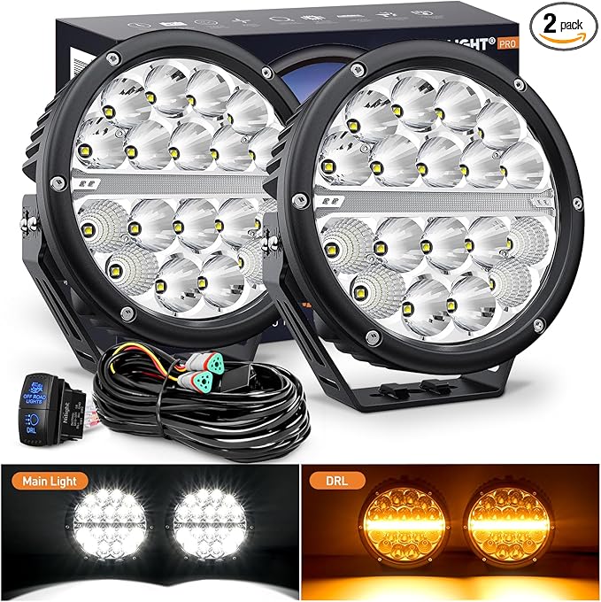 Nilight LED Offroad Driving Lights with Amber DRL 2PCS 7 Inch Round 90W IP68 Spot Flood Combo Work Light Bar with 12 AWG DT Connector Wiring Harness Kit for 4x4 Truck ATV UTV SUV