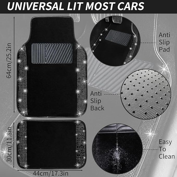 NBTEPEM 12 Pcs Bling Car Accessories Set for Women Car Floor Mats Full Set Steering Wheel Cover Seat Belt Covers Coasters Universal Fit Car SUV Truck Van Black