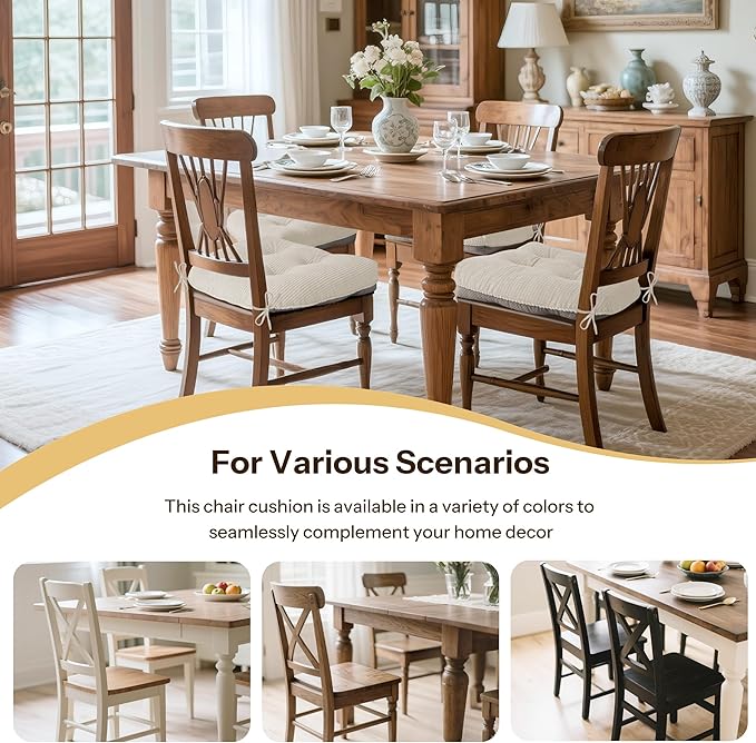 Indoor Kitchen Chair Cushions Set of 2 18"X16.5"X3" Soft Anti Slip Dining Chair Pads Tufted Kitchen Seat Cushion with Ties, Beige