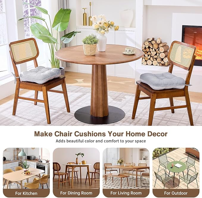 BETU Chair Cushions for Dining Chairs Set of 2,3.5" Thick Kitchen Table Chair Pads with Ties,Non Slip Backing and Covers, Seat Cushion for Dining Room,Bar,Patio Chairs,15.5"X15.5"X3.5",Light Grey