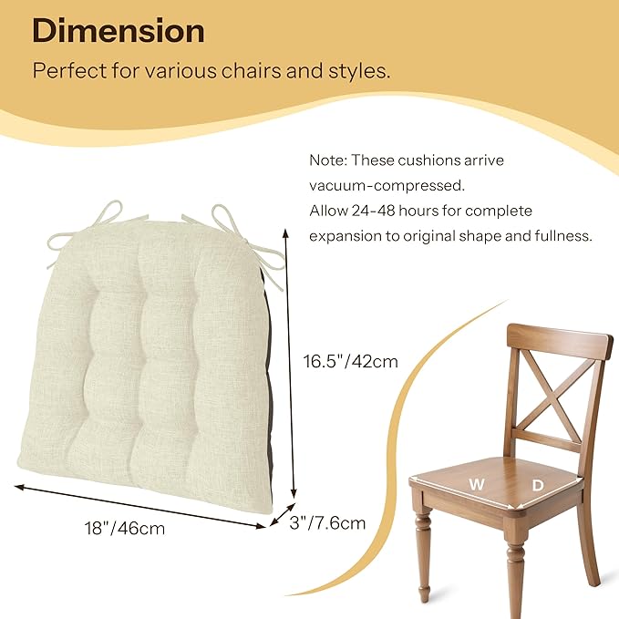 Chair Cushions for Dining Chairs Set of 4 Durable D-Shaped Seat Cushions with Non-Slip Backing Secure Ties Thick Cozy Seat Pad for Kitchen Dining Room Office(18x16.5x3in Beige)