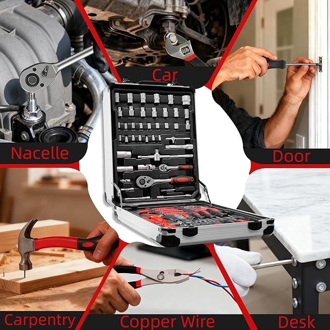 Tool Kit, Aluminum Trolley Case Tool Set for Men, 515 PCS General Household Tool Kit with 4-Drawer for Home Repair, Car, Garage, Maintenance, Auto Repair Toolbox with Wheel