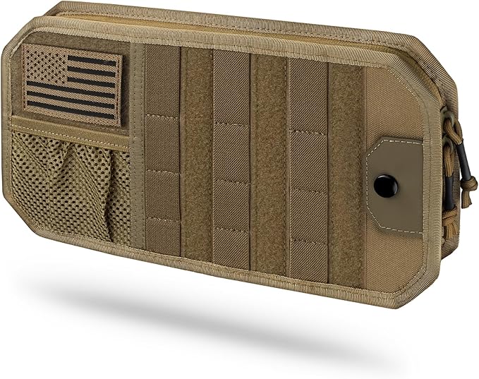 LIVANS Tactical Car Sun Visor Organizer, Auto Accessories Semi-Rigid Molle Panel with Zipper Storage Pouch & Glasses Holder, Gift for Car Gear, Fit Cars, Trucks, Suvs, Jeeps & Patrols (Khaki)