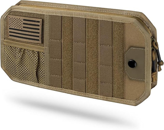 LIVANS Tactical Car Sun Visor Organizer, Auto Accessories Semi-Rigid Molle Panel with Zipper Storage Pouch & Glasses Holder, Gift for Car Gear, Fit Cars, Trucks, Suvs, Jeeps & Patrols (Khaki)