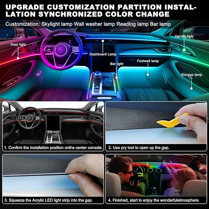 Dreamcolor Acrylic Interior Car LED Strip Light with Wireless APP, RGB 18 in 1 with 175 inches 593 LEDs Fiber Optic Strip Lights for Car, Dynamic Chasing Music Sync Neon Car Ambient Lighting Kits